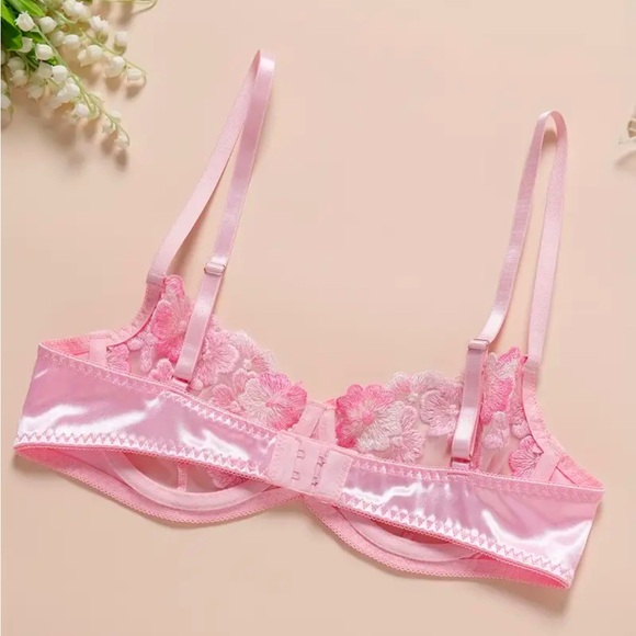 Gigi Angelic Pink Floral Embroidered Sheer Bow Bra + Panty Thong Lingerie Set - Picture 3 of 7